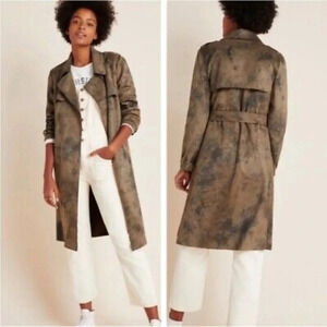 NWT Anthropologie Roxie Sueded Tie Dye Trench Coat Brown Black Tie Waist Size M